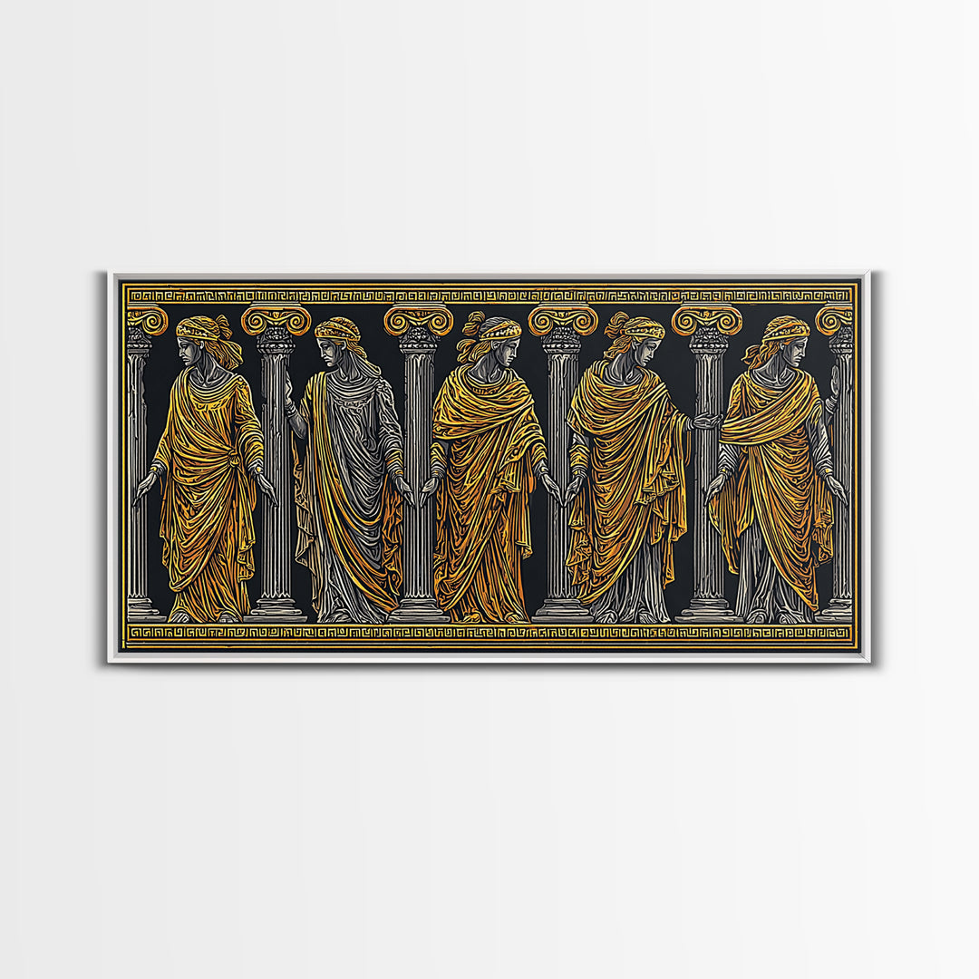 Ancient Greek Caryatid Columns, Detailed Architecture Wall Decor, Gold Canvas Print, Classical Sculpture Artwork