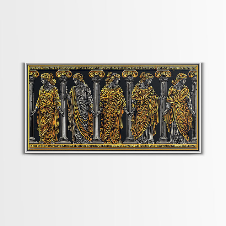 Ancient Greek Caryatid Columns, Detailed Architecture Wall Decor, Gold Canvas Print, Classical Sculpture Artwork