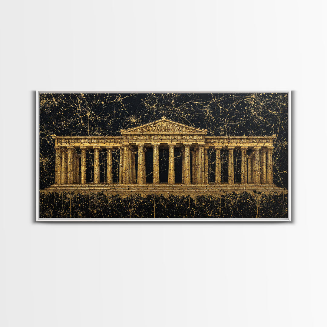 Greek Parthenon Temple Art, Splatter Paint Architecture Print, Gold Canvas Print, Classical Greece Wall Decoration