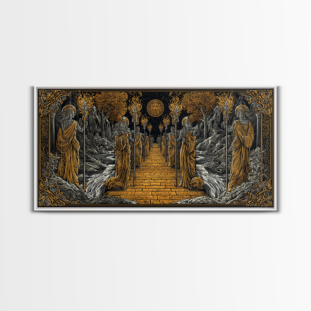 Greek Torchbearer Pathway Scene, Mythic Procession Illustration, Gold Canvas Art, Ancient Greece Wall Decor, Temple Artwork