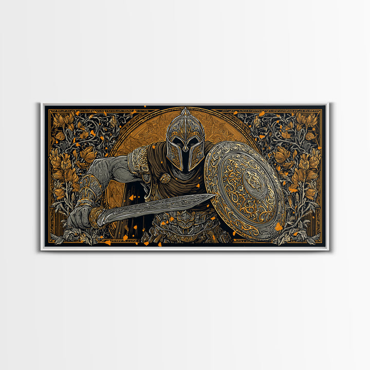 Ancient Greek Warrior With Sword And Shield, Intricate Armor Design, Gold Canvas Print, Classical Battle Wall Art