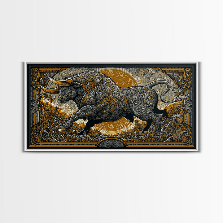 Golden Bull In Ornate Frame, Gold Canvas Art, Real Wood Frame, Symbolic Animal Wall Decor, Strength And Power