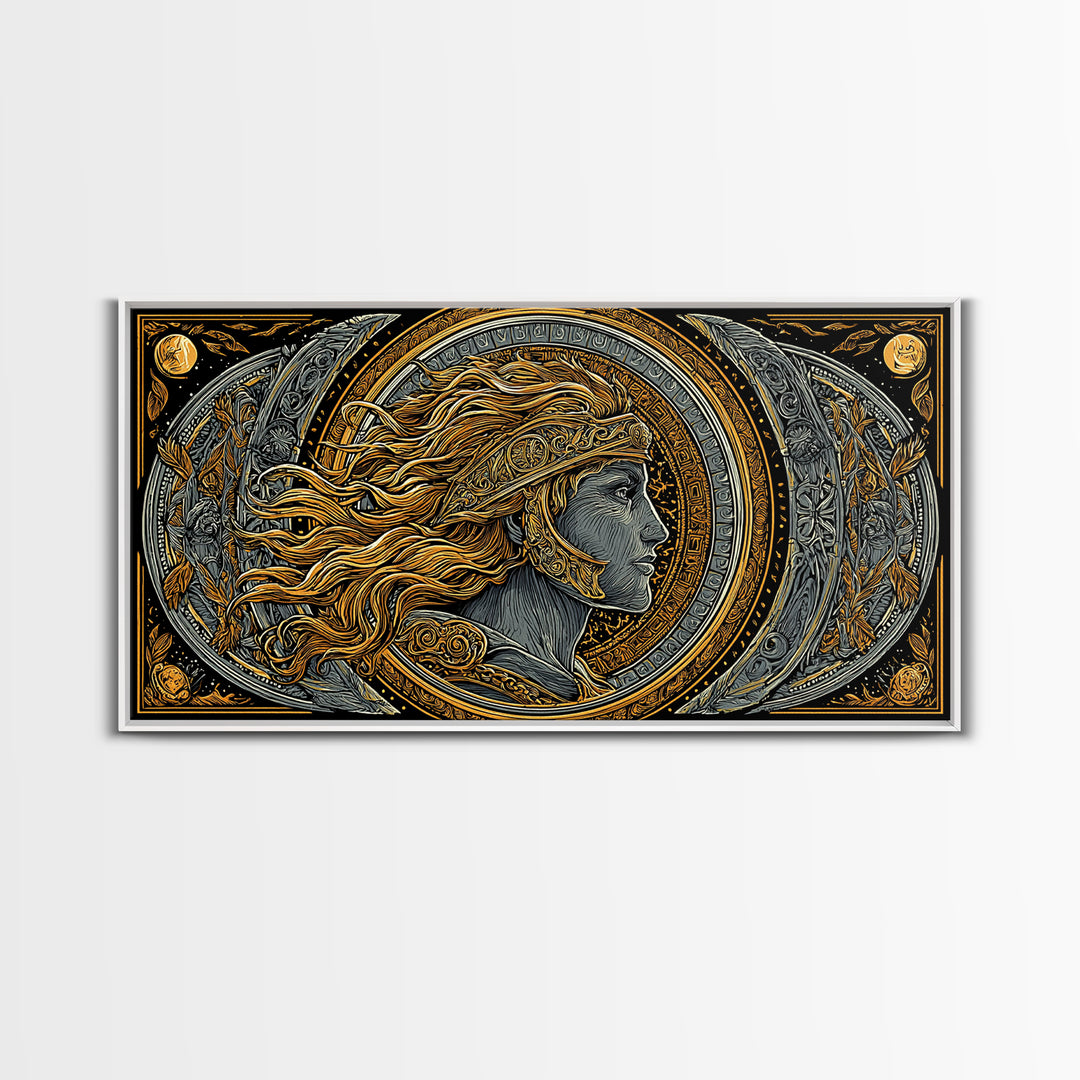 Greek God Profile Illustration, Flowing Hair And Crescent Moons, Gold Canvas Print, Classical Mythology Wall Artwork