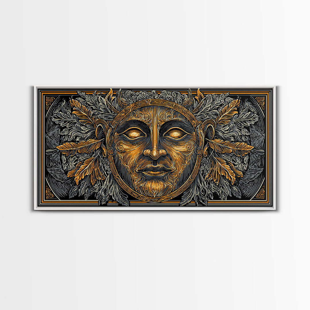 Mythic Sun God Face Artwork, Ornate Leaf And Feather Design, Gold Canvas Print, Ancient Greece Wall Decor, Celestial Art