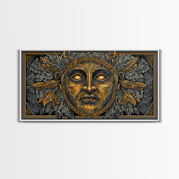 Mythic Sun God Face Artwork, Ornate Leaf And Feather Design, Gold Canvas Print, Ancient Greece Wall Decor, Celestial Art