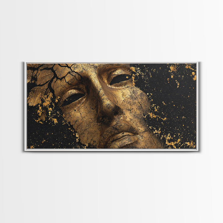 Cracked Golden Face Sculpture, Ancient Greek Mask Artwork, Gold Canvas Art, Classical Wall Decoration, Timeless Antiquity Print