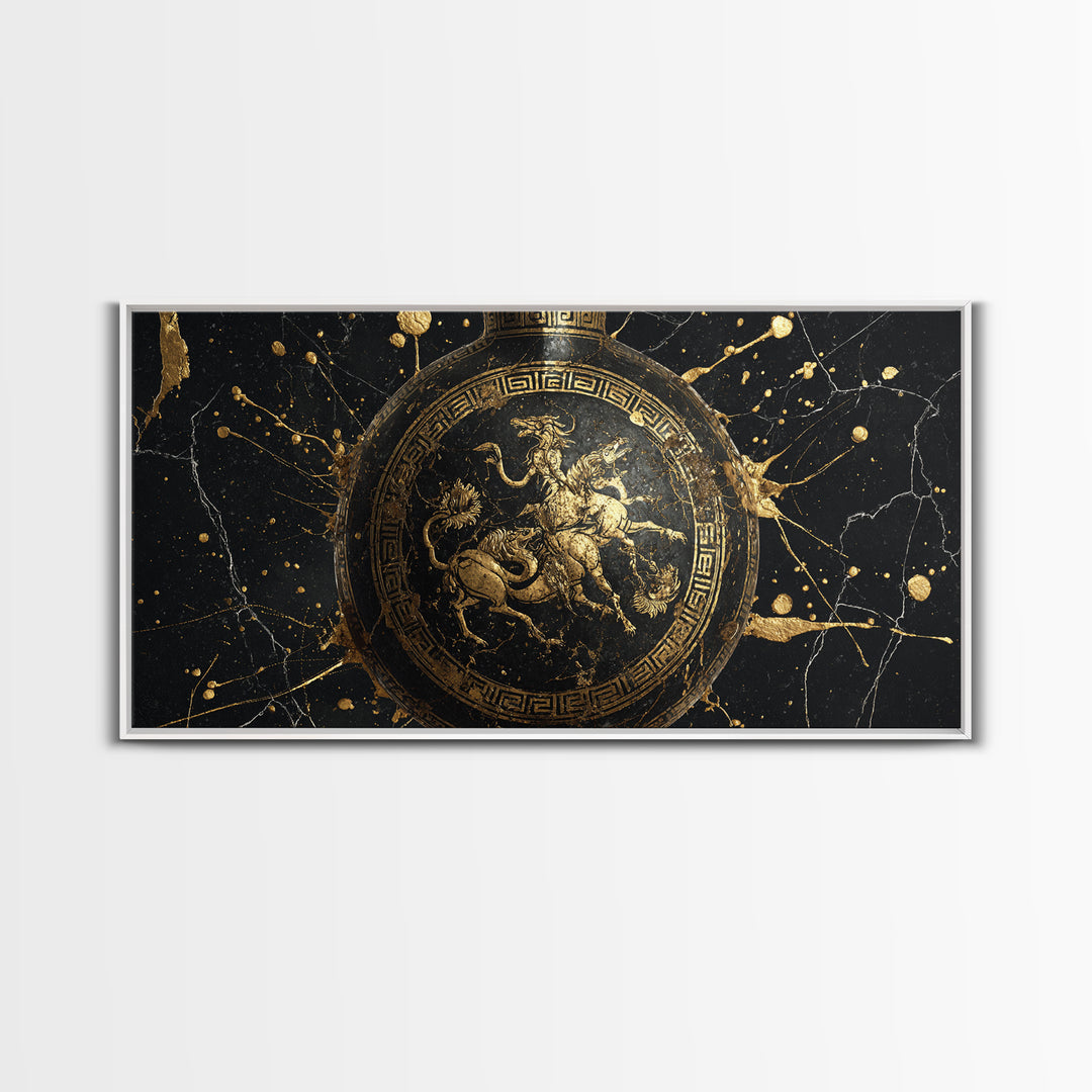 Greek Amphora Mythological Battle Scene, Gold Canvas Art, Ancient Greek Pottery Design, Classic Museum Style Wall Decor Print