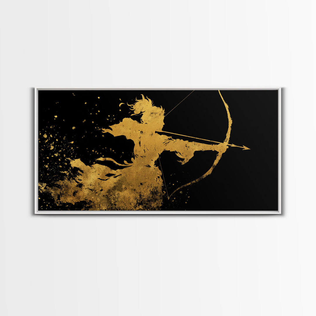 Artemis Greek Huntress Goddess Silhouette, Gold Canvas Print, Moonlit Mythology Wall Art, Elegant Classic Home Design
