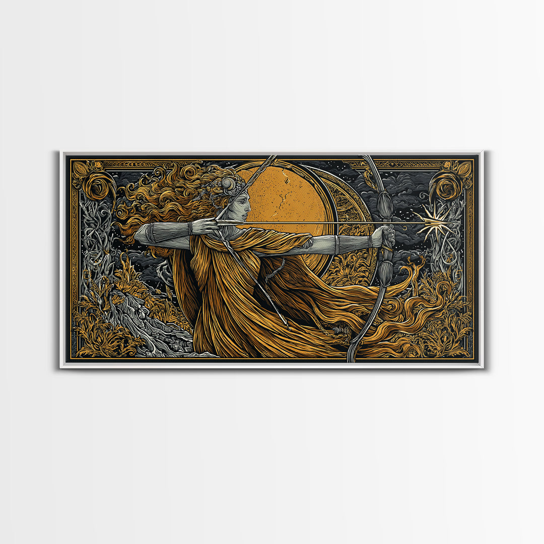 Artemis Goddess Archer With Golden Moon, Gold Canvas Print, Greek Mythology Wall Art, Classic Elegant Home Decor Piece