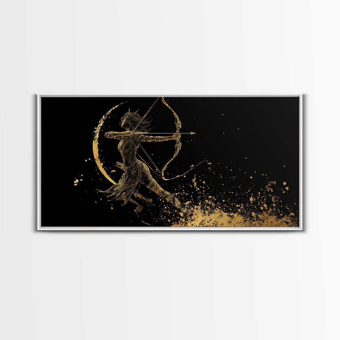 Gold Canvas Art Of Artemis Greek Goddess Archer, Black Background, Elegant Moon And Bow Design, Panoramic Mythology Wall Art