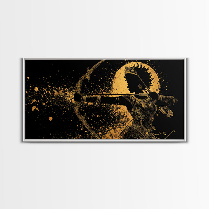 Gold Canvas Print Of Artemis Greek Goddess Archer, Regal Profile, Detailed Bow And Arrow, Panoramic Fantasy Wall Decor