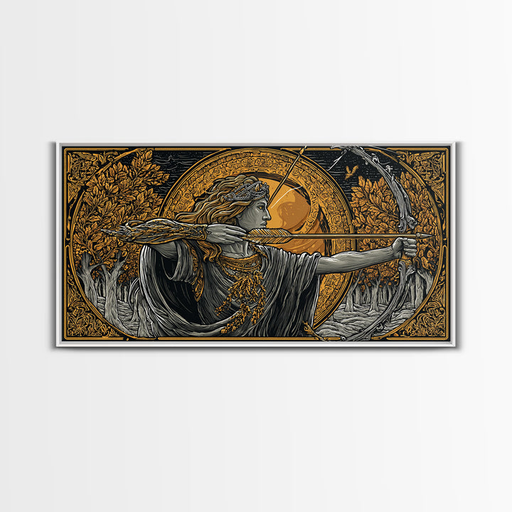 Gold Canvas Art Of Artemis Greek Goddess Archer, Classical Ornate Frame, Mythological Forest Scene, Panoramic Greek Wall Print