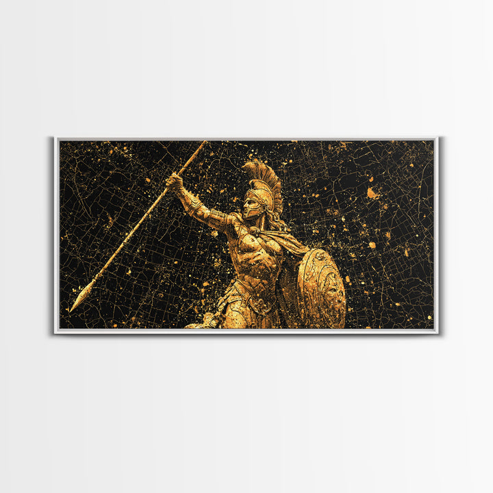 Gold Canvas Art Of Athena Greek Goddess Warrior, Ancient Greek Armor And Spear, Gold Splatter Mosaic, Panoramic Battle Wall Print