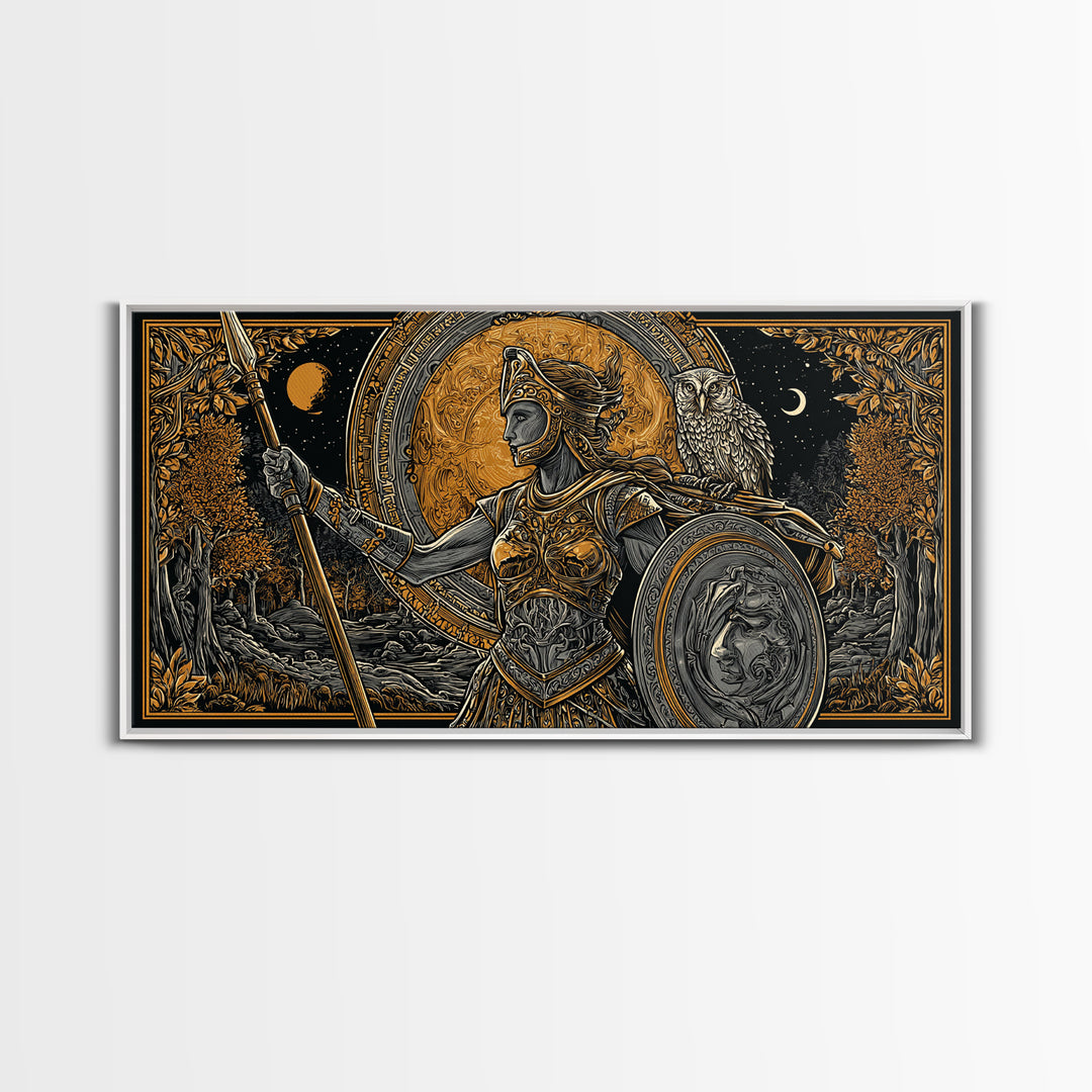 Gold Canvas Print Of Athena Greek Goddess Warrior, Ornate Armor And Owl, Mythology Forest Scene, Panoramic Greek Wall Decor