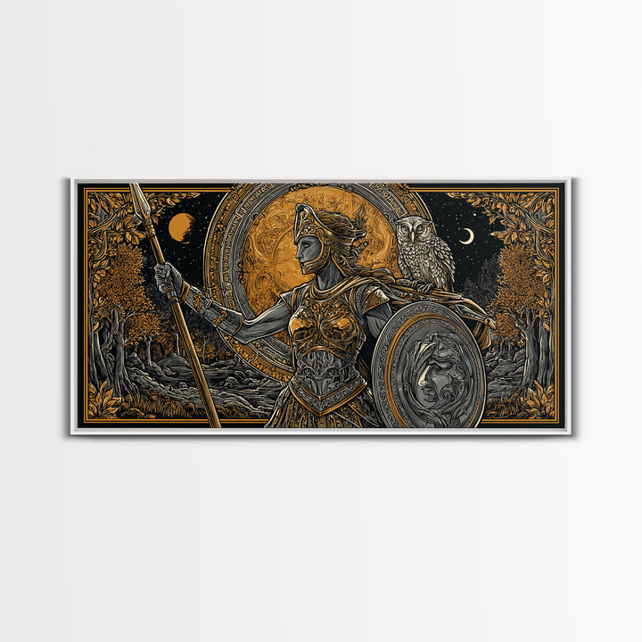 Gold Canvas Print Of Athena Greek Goddess Warrior, Ornate Armor And Owl, Mythology Forest Scene, Panoramic Greek Wall Decor