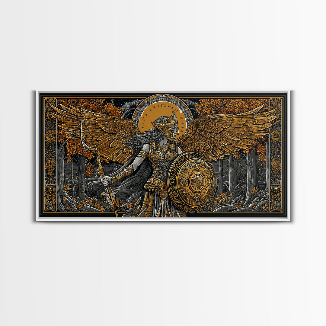 Gold Canvas Art Of Athena Greek Goddess Warrior With Wings, Detailed Shield And Spear, Golden Forest Scene, Panoramic Wall Print