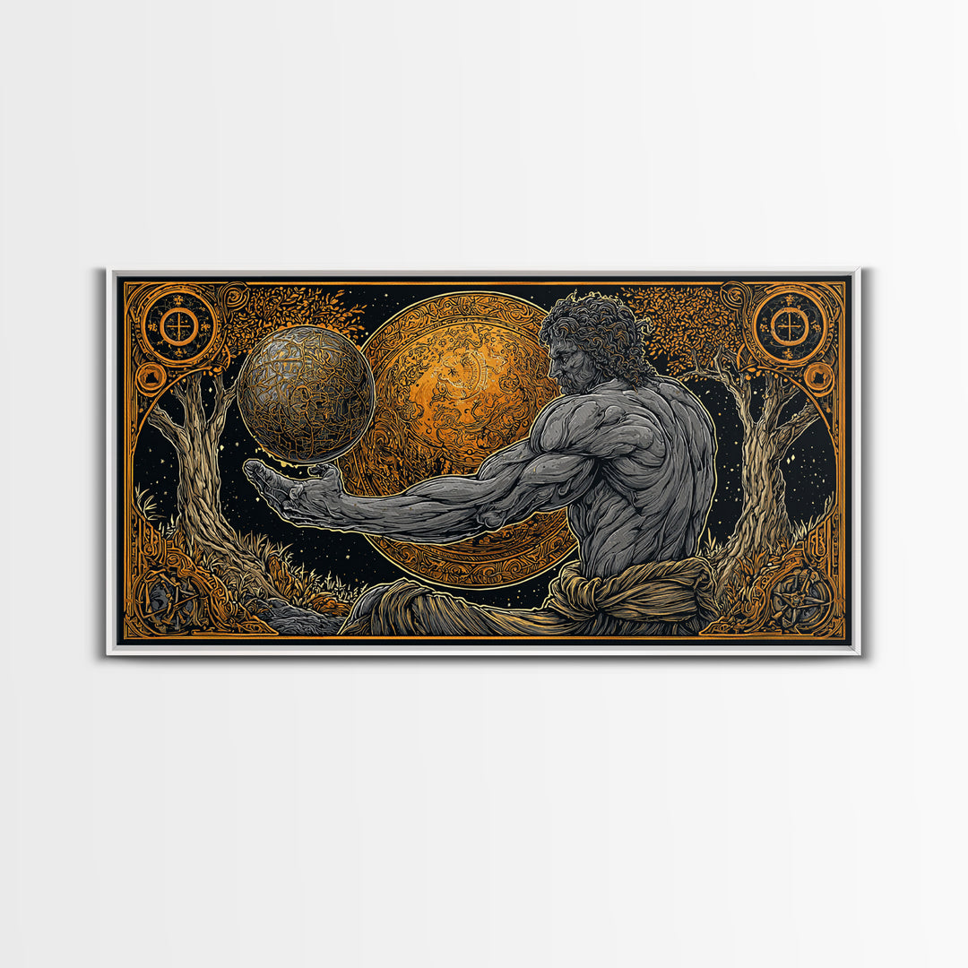 Gold Canvas Print Of Atlas Greek Titan Holding Celestial Sphere, Mythology Cosmic Scene, Panoramic Detailed Greek Wall Art