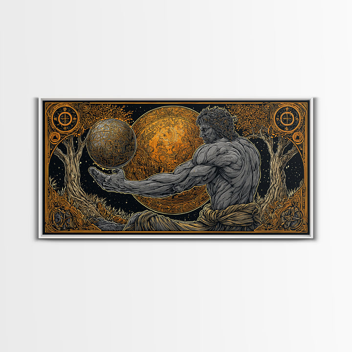 Gold Canvas Print Of Atlas Greek Titan Holding Celestial Sphere, Mythology Cosmic Scene, Panoramic Detailed Greek Wall Art