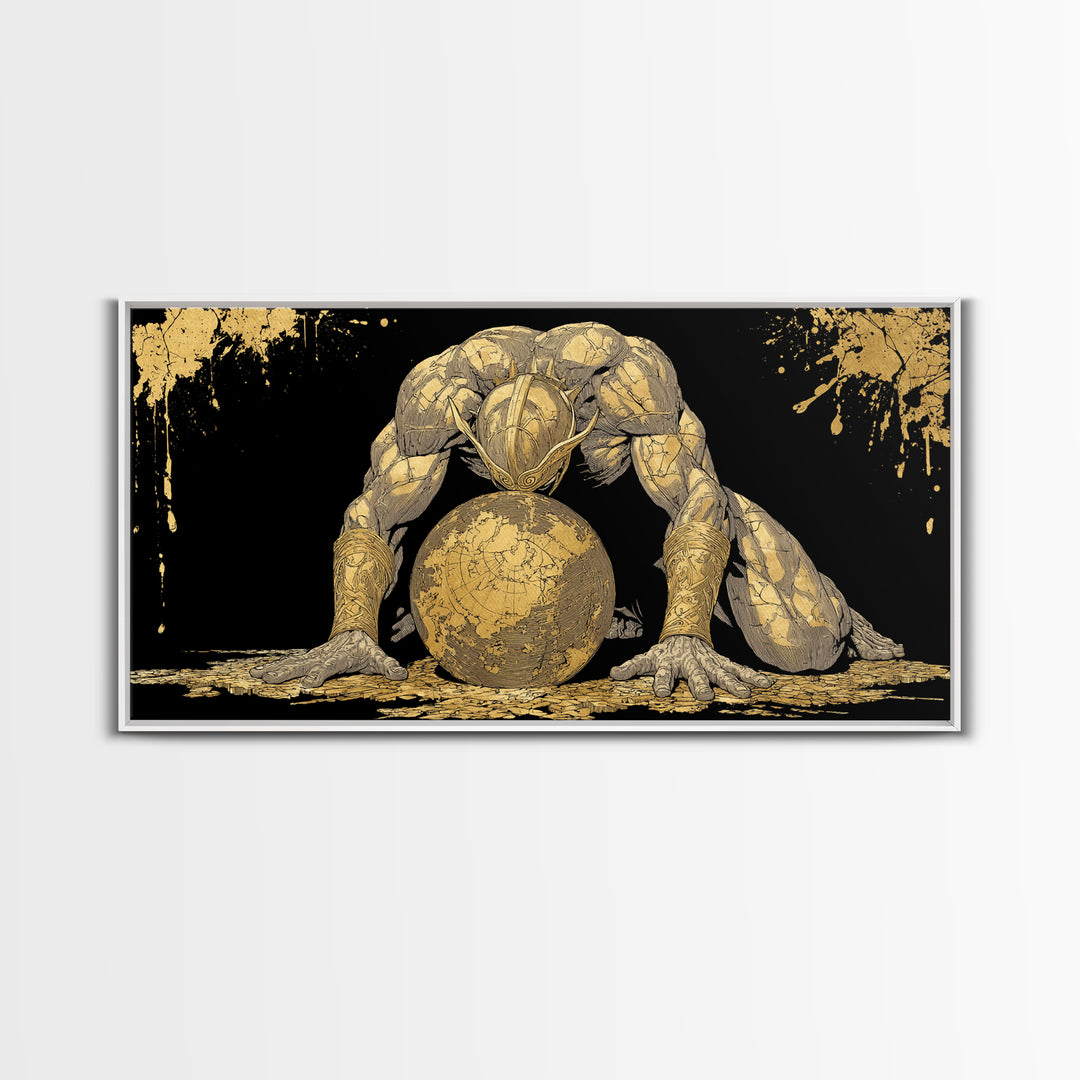 Gold Canvas Art Of Atlas Greek Titan Bearing The World, Gold Crackle Effect, Mythology Strength Scene, Panoramic Ancient Wall Print