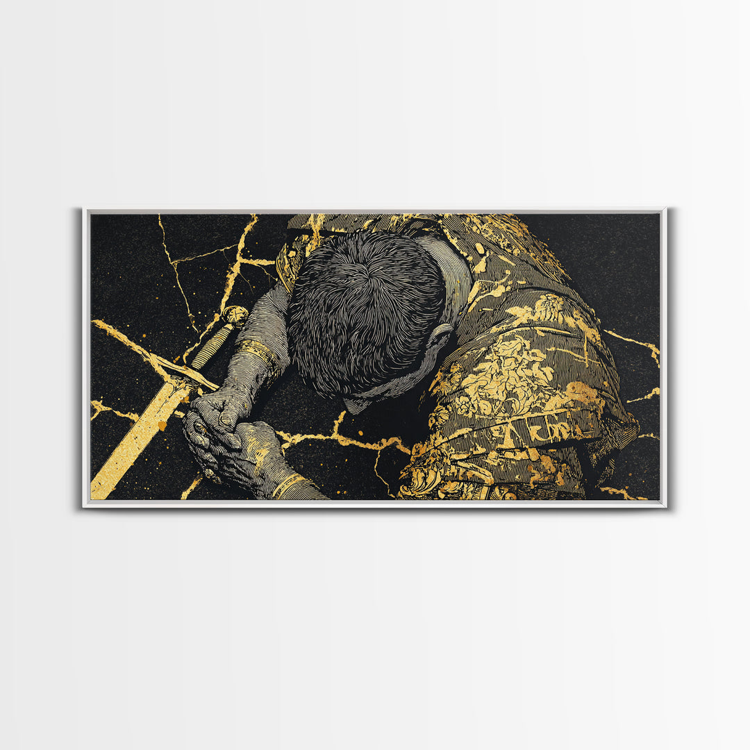 Gold Canvas Print Of Cassius Greek Warrior Kneeling With Sword, Gold Crackle Armor Detail, Panoramic Mythology Wall Artwork
