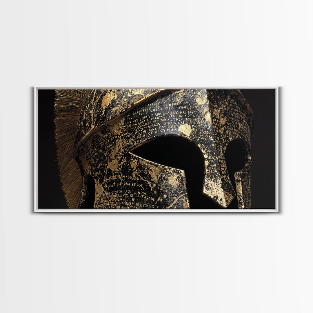 Gold Canvas Print, Corinthian Greek Helmet, Ancient Warrior Armor Wall Art, Black and Gold Historical Decor, Mythic Design