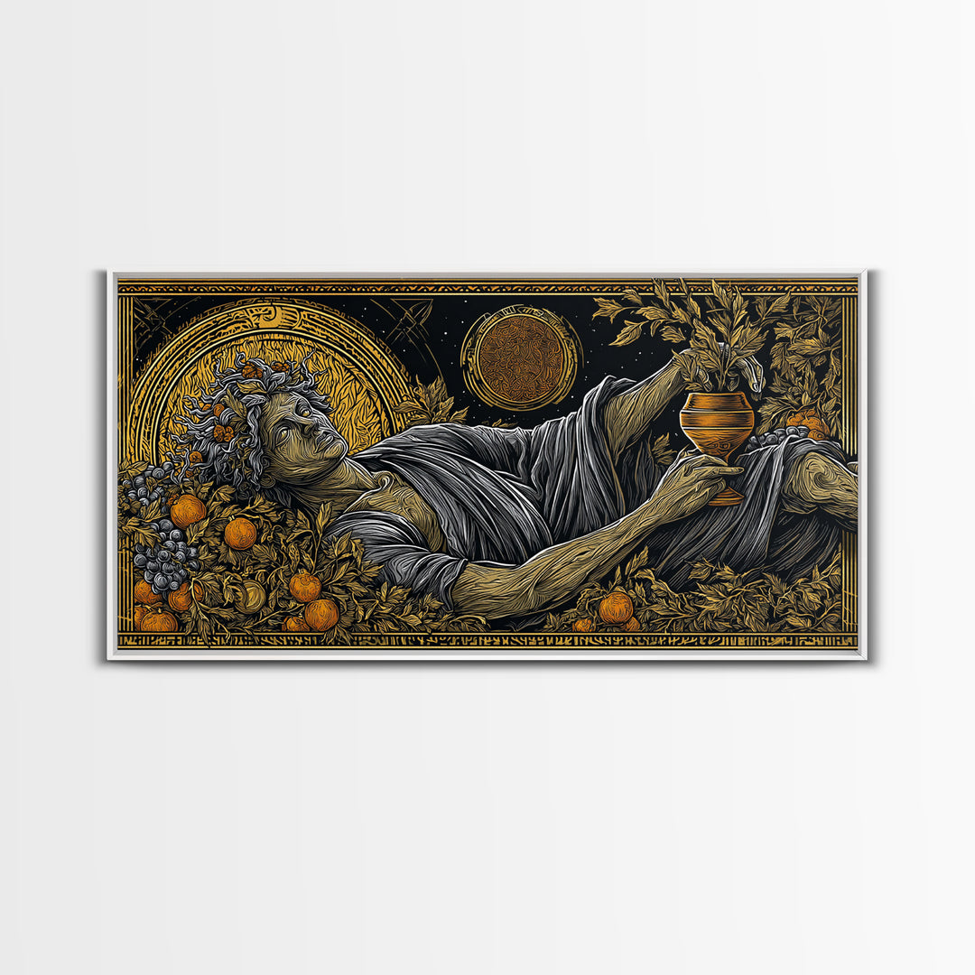 Gold Canvas Art, Dionysus God of Revelry, Greek Mythology Wall Art, Bacchus Celebration Scene, Black and Gold Luxury Canvas Print