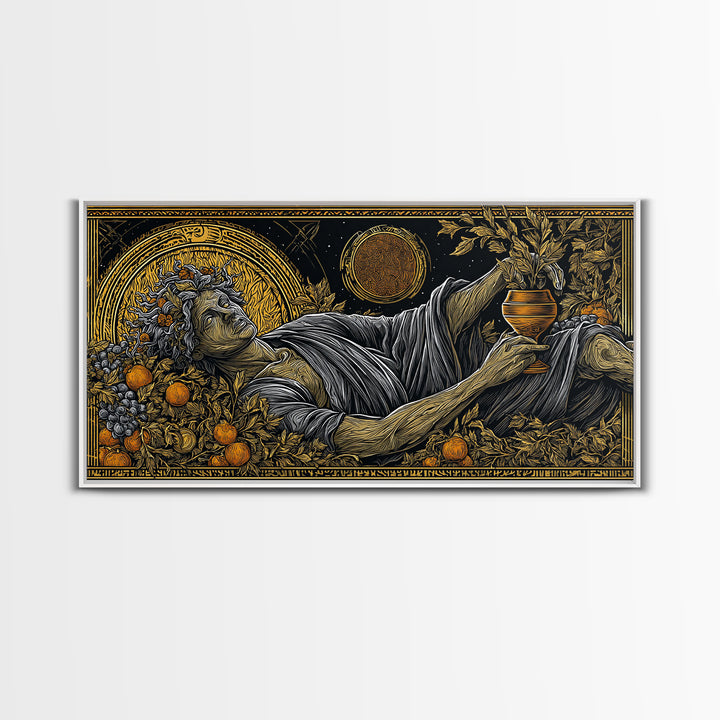 Gold Canvas Art, Dionysus God of Revelry, Greek Mythology Wall Art, Bacchus Celebration Scene, Black and Gold Luxury Canvas Print