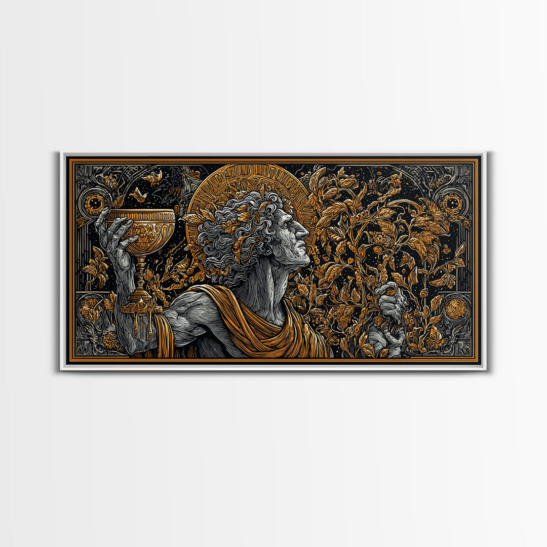 Gold Canvas Art, Dionysus God of Ecstasy, Greek Mythology Wall Scene, Bacchanalia Festival Theme, Black and Gold Canvas Wall Print