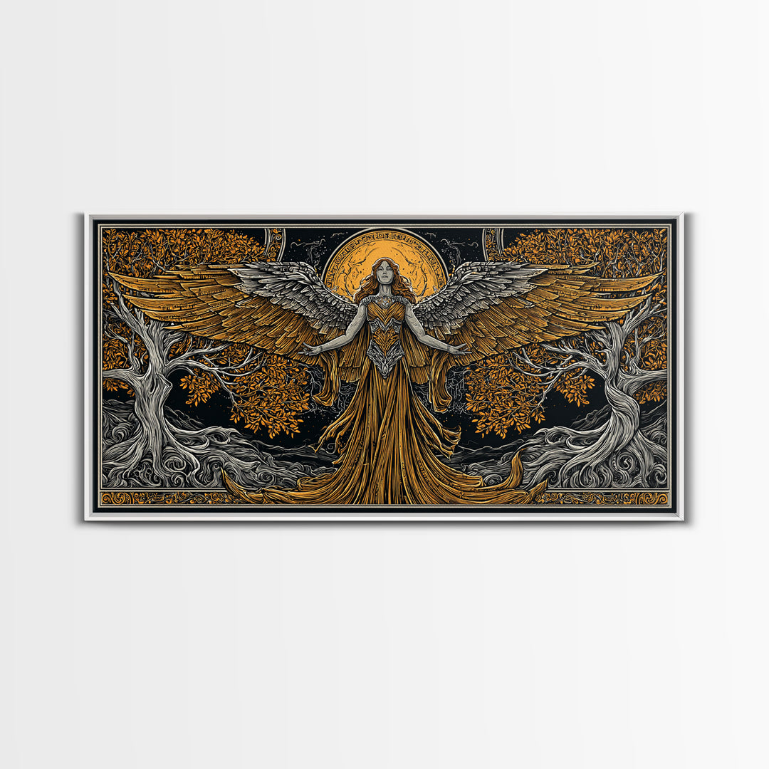 Gold Canvas Print, Eos Goddess of Dawn, Greek Mythology Wall Art, Sunrise Personification Scene, Black and Gold Luxury Decor