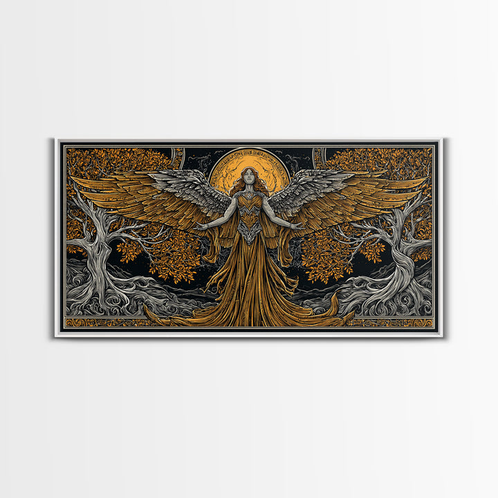 Gold Canvas Print, Eos Goddess of Dawn, Greek Mythology Wall Art, Sunrise Personification Scene, Black and Gold Luxury Decor