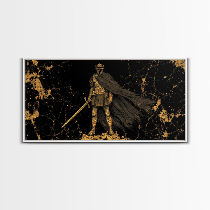 Flavius Gold Canvas Print, Roman Warrior Wall Art, Ancient Soldier Decor, Real Wood Frame, Luxury Canvas Artwork For Office
