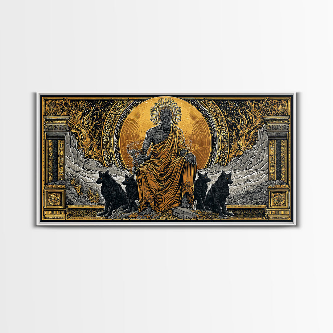 Hades Gold Canvas Print, Greek God Of Underworld Wall Art, Cerberus Mythology Decor, Real Wood Frame, Luxury Canvas Wall Hanging