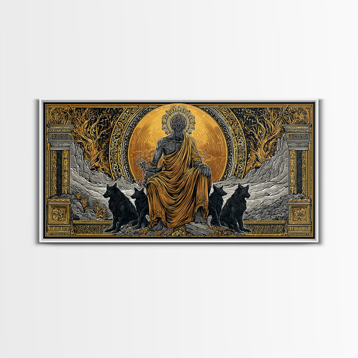 Hades Gold Canvas Print, Greek God Of Underworld Wall Art, Cerberus Mythology Decor, Real Wood Frame, Luxury Canvas Wall Hanging