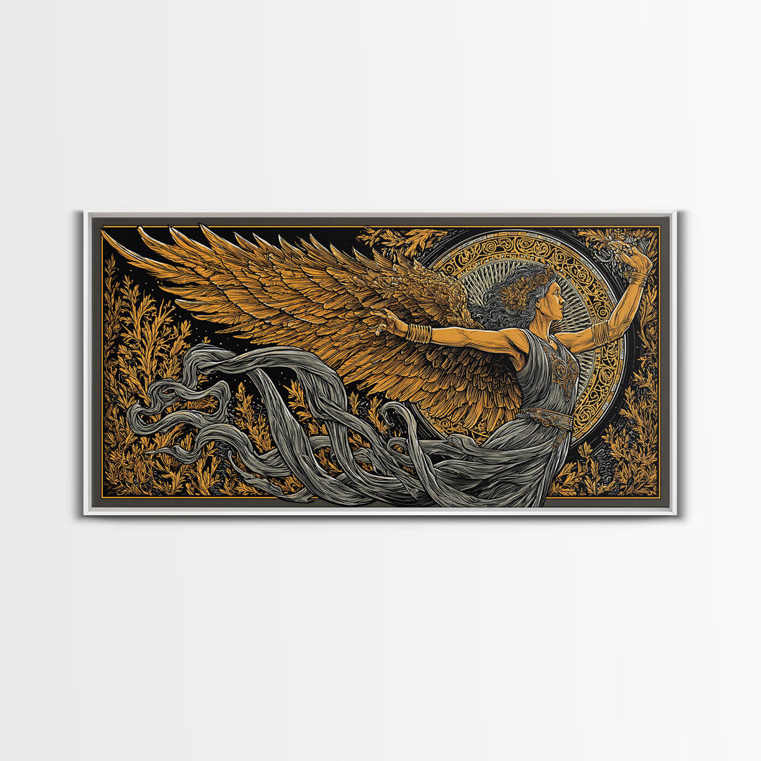 Nike Gold Canvas Print, Greek Goddess Wall Art, Luxury Mythology Decor, Real Wood Frame Artwork, Elegant Gold Winged Art
