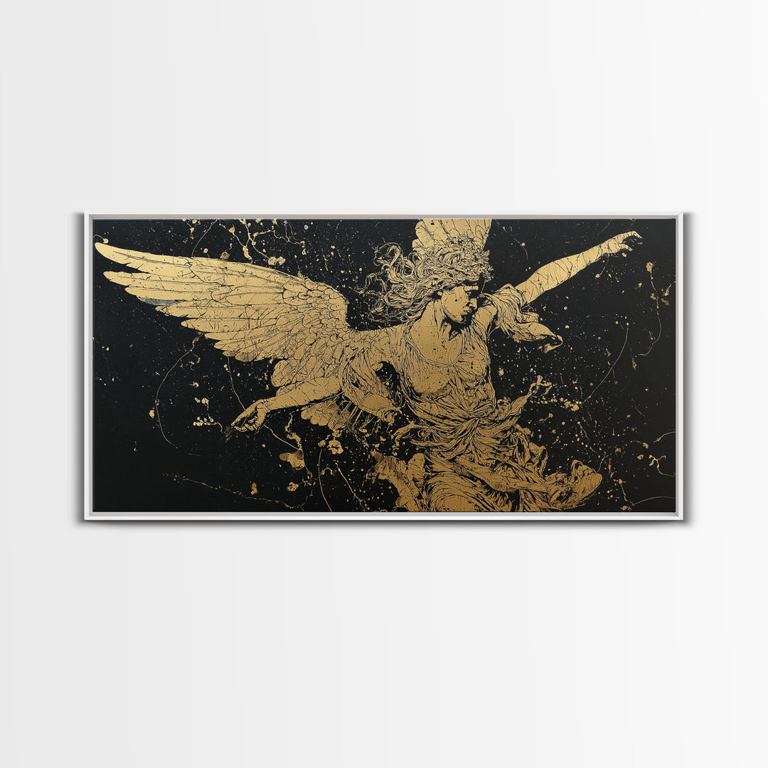 Nike Gold Canvas Art, Greek Goddess Wall Decor, Luxury Mythology Wall Hanging, Real Wood Frame Print, Gold Winged Figure Artwork
