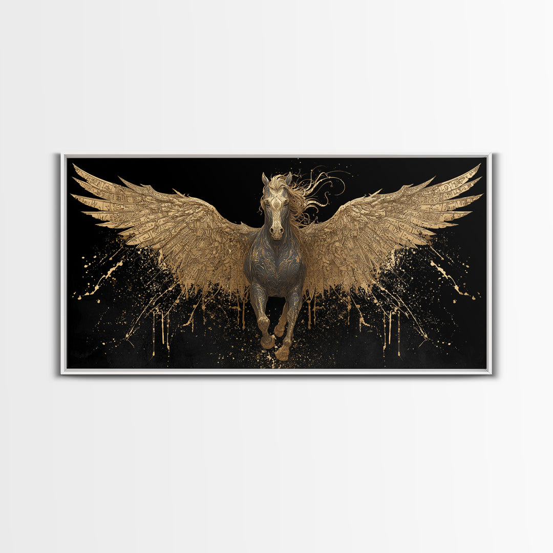 Pegasus Gold Canvas Print, Greek Mythology Wall Art, Luxury Flying Horse Decor, Real Wood Frame Artwork, Elegant Winged Stallion