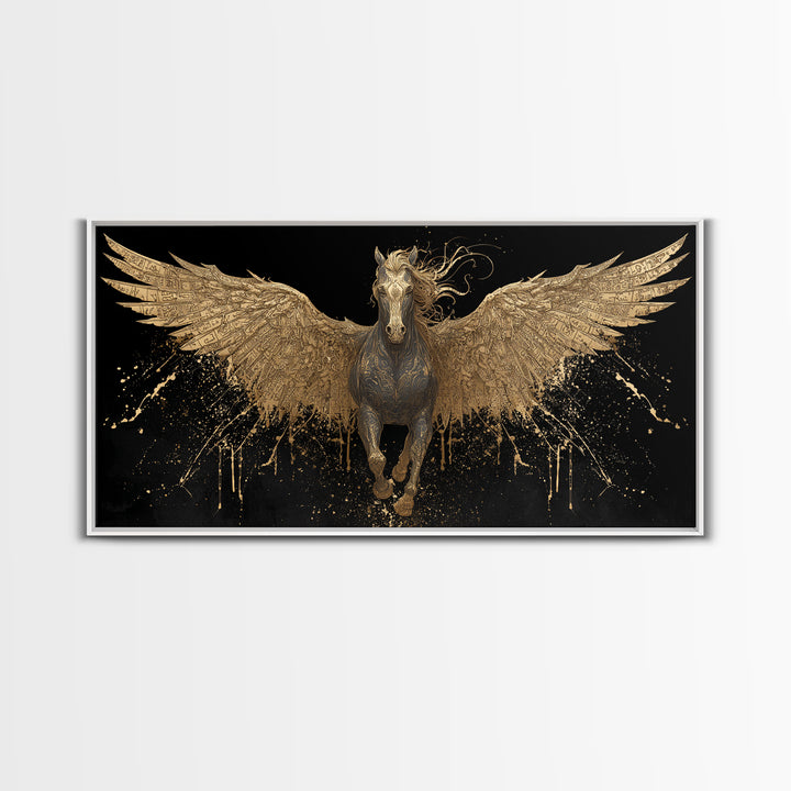 Pegasus Gold Canvas Print, Greek Mythology Wall Art, Luxury Flying Horse Decor, Real Wood Frame Artwork, Elegant Winged Stallion