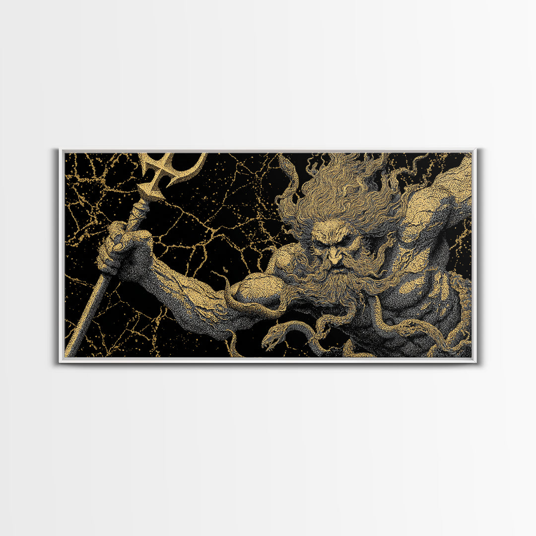 Poseidon Greek God Of The Sea Gold Canvas Print, Mythology Wall Art, Real Wood Frame, Ocean Decor, Nautical Gift