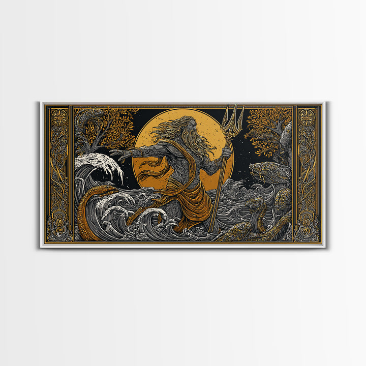 Poseidon Ocean Power Gold Canvas Art, Greek God Canvas Print, Sea Mythology Wall Decor, Real Wood Frame, Coastal Gift