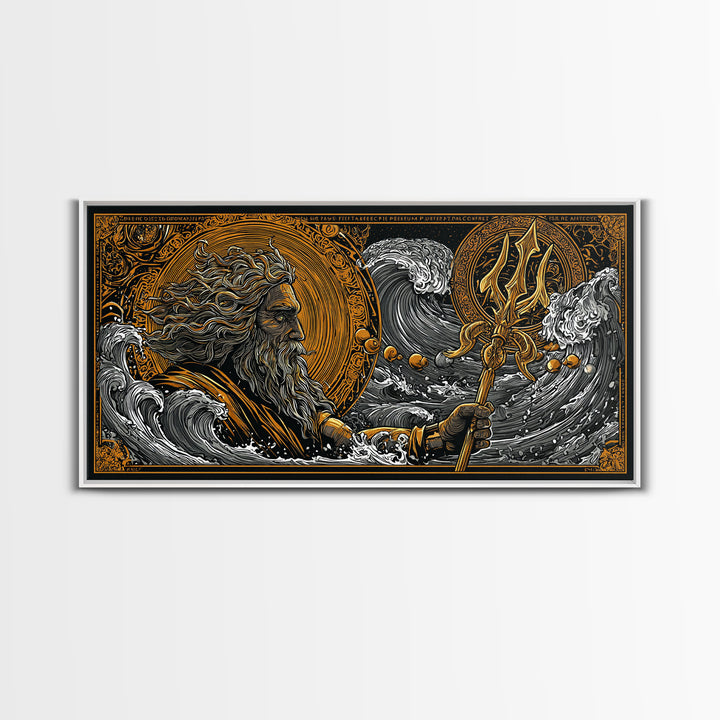 Poseidon Ocean Waves Gold Canvas Art, Greek God Canvas Print, Sea Mythology Wall Decor, Real Wood Frame, Nautical Gift