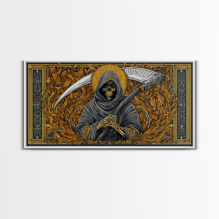 Thanatos Gold Canvas Print, Real Wood Framed Greek Myth Wall Art, Grim Reaper Death Figure Decorative Canvas Artwork