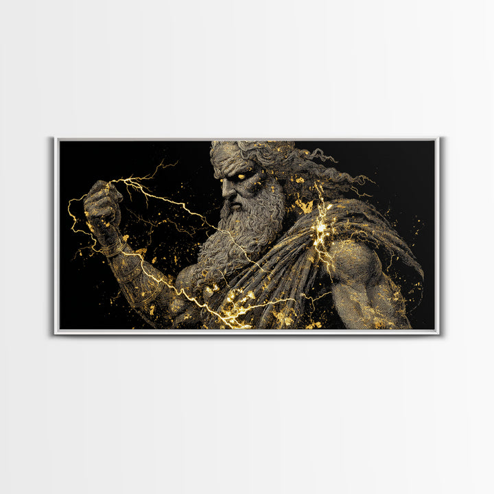 Zeus Gold Canvas Print, Real Wood Framed Greek Mythology Wall Art, Crowned Figure With Flowing Hair Decorative Artwork