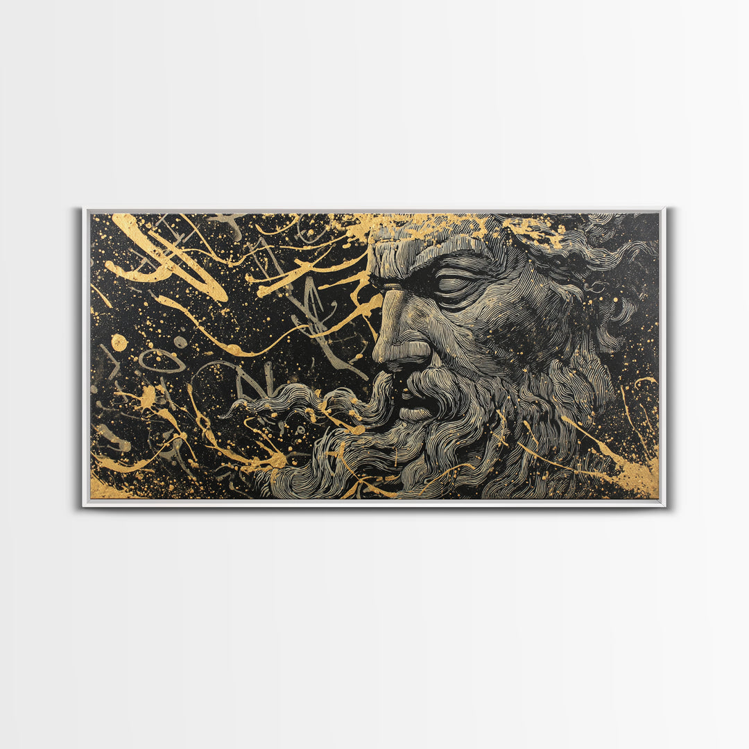 Zeus Gold Canvas Print, Real Wood Framed Greek God Wall Art, Mythological Bearded Portrait Luxury Decorative Artwork