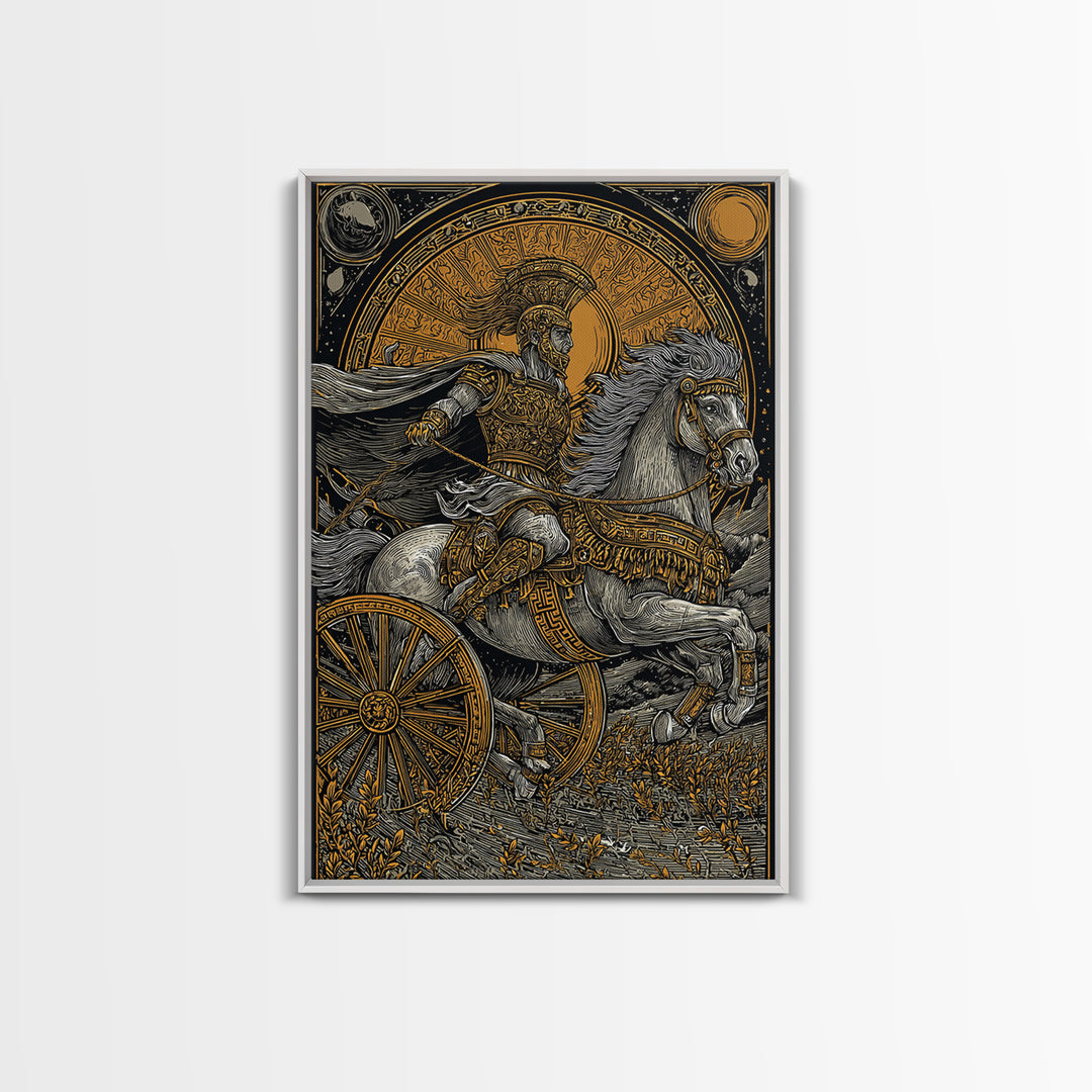 Roman Chariot Warrior with Celestial Disc – Canvas Gold Art Print, Classical Battle Scene Canvas Art, Ancient Rome Wall Decor