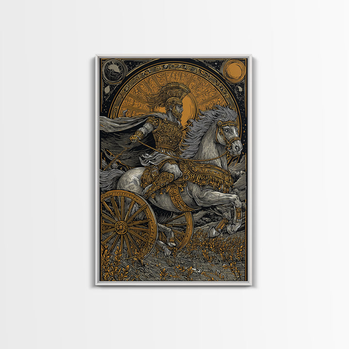 Roman Chariot Warrior with Celestial Disc – Canvas Gold Art Print, Classical Battle Scene Canvas Art, Ancient Rome Wall Decor