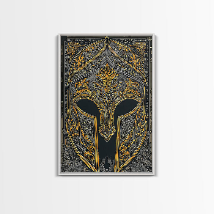 Floral Spartan Helmet with Ancient Text – Canvas Gold Art, Greco-Roman Canvas Art Print, Historical Warrior Wall Piece