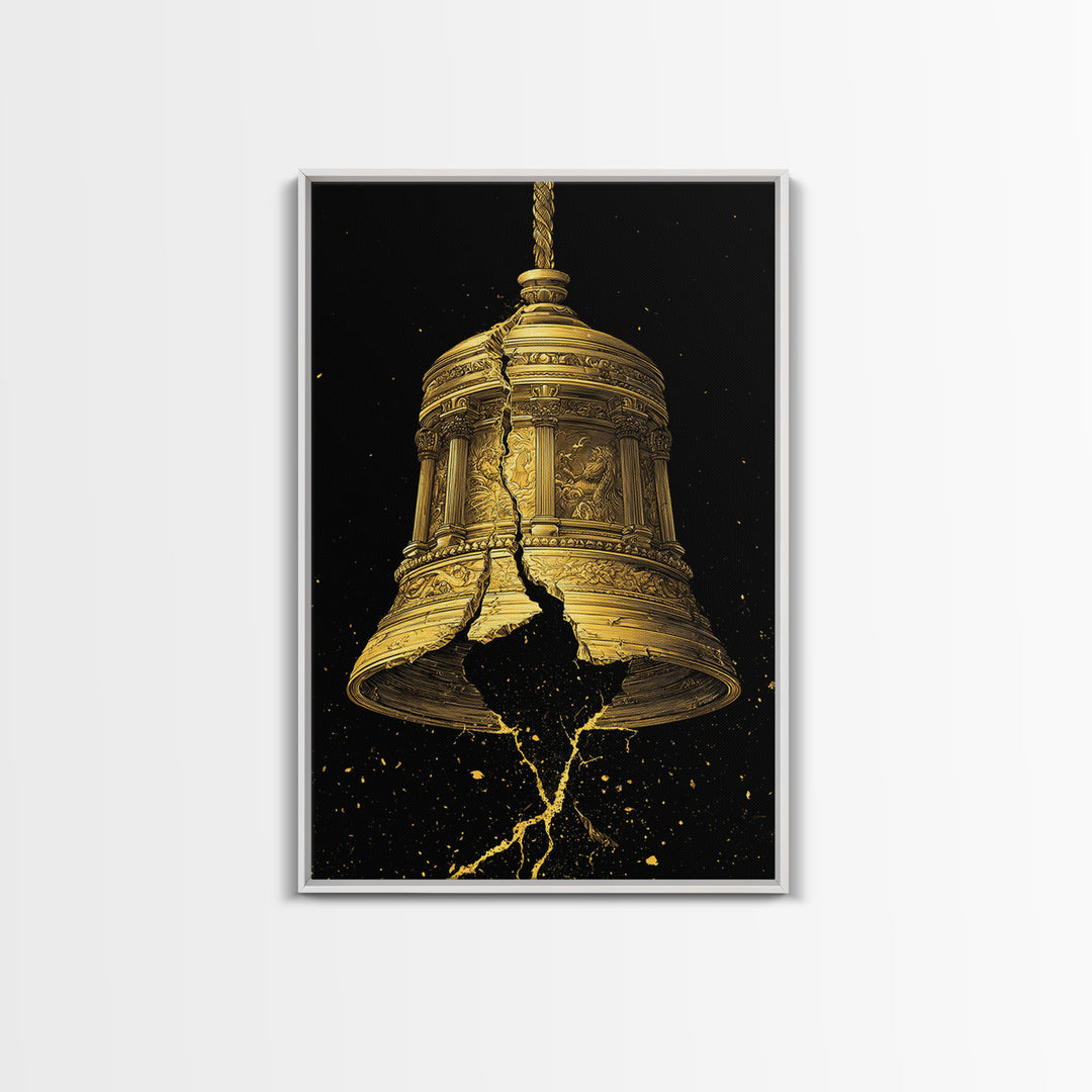 Golden Cracked Bell – Canvas Gold Canvas Print – Ancient Greek Inspired Wall Art with Real Wood Frame for Classical Decor