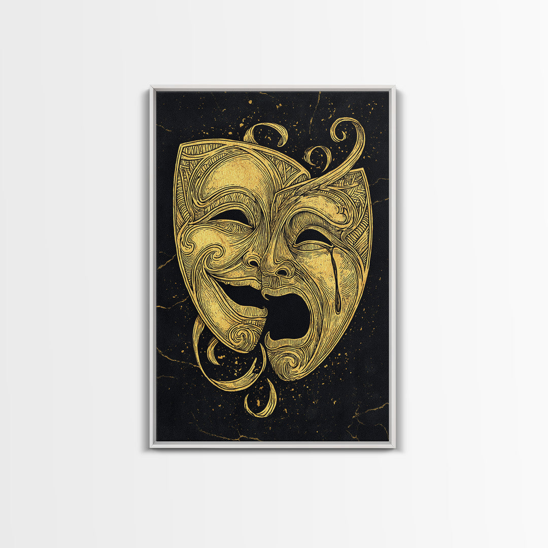 Comedy and Tragedy Theater Masks Canvas Gold Canvas Print – Dramatic Wall Art with Real Wood Frame for Home or Studio