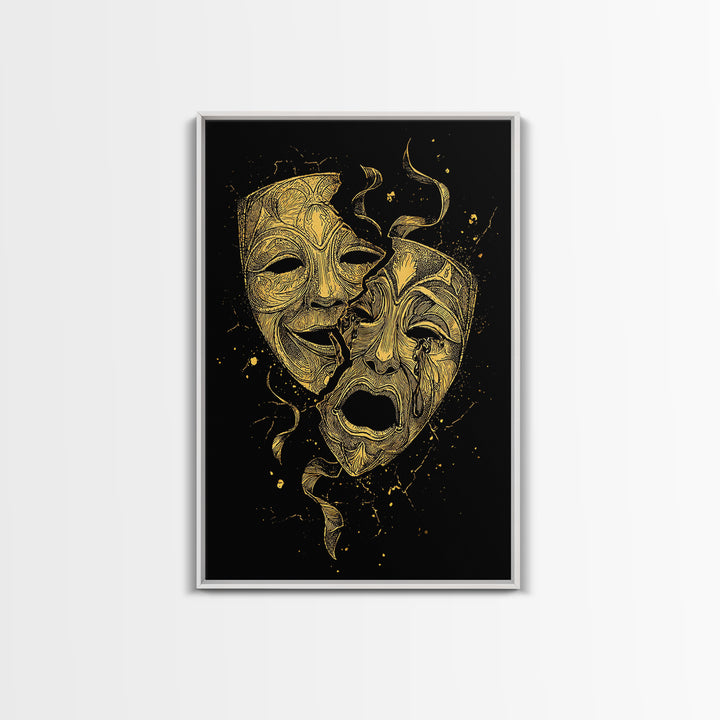 Broken Comedy and Tragedy Masks Canvas Gold Canvas Print – Dramatic Greek Theater Wall Art with Real Wood Frame