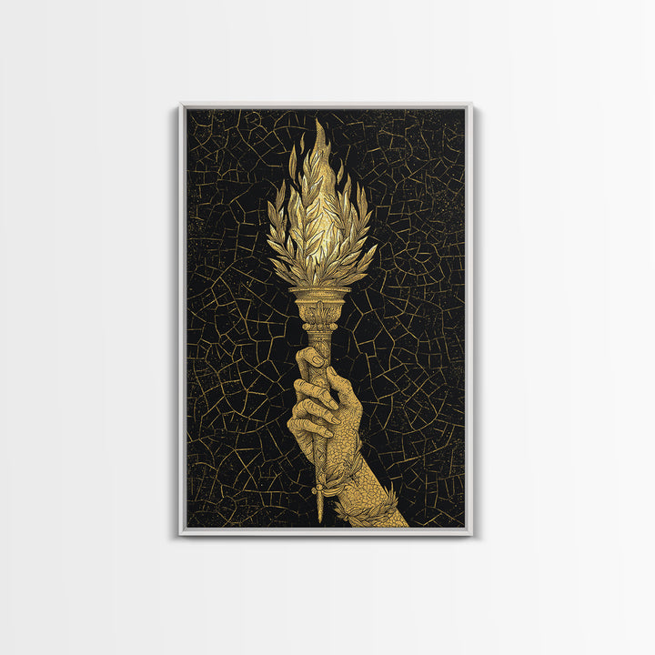 Olympic Flame Hand Holding Torch Canvas Gold Canvas Print – Classical Greek Inspired Wall Art with Real Wood Frame